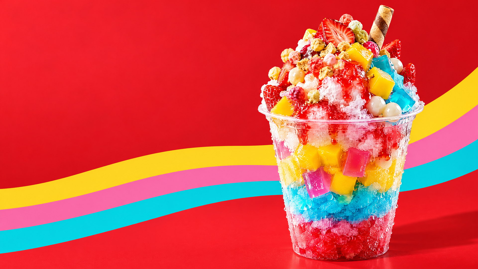 Es serut merah dengan jelly warna-warni dan topping buah